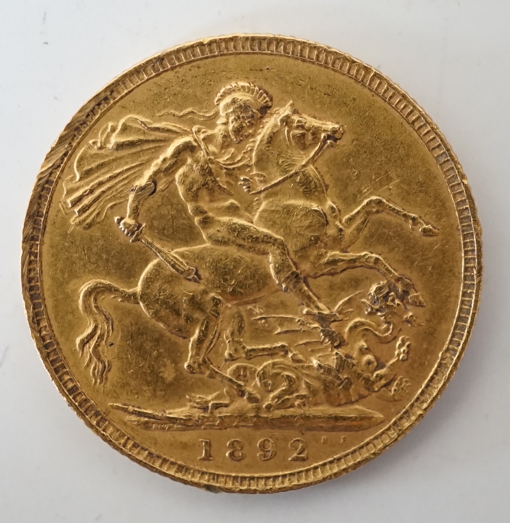British gold coins, Victoria sovereign, 1892, Jubilee head (S3866C), small file mark on edge otherwise good VF